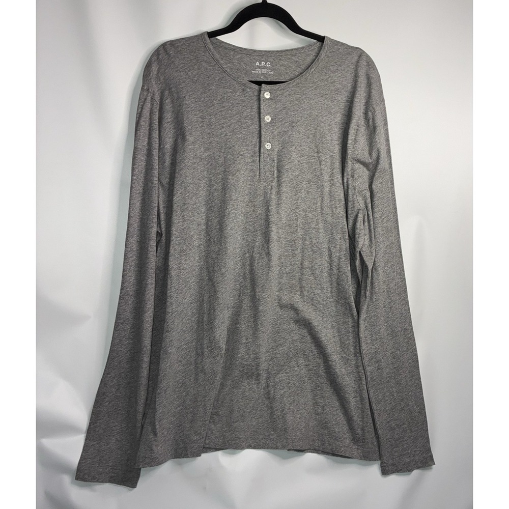 APC Men's Henley Neck T-Shirt Long Sleeve Size XL Light Heather Gray 100% Cotton